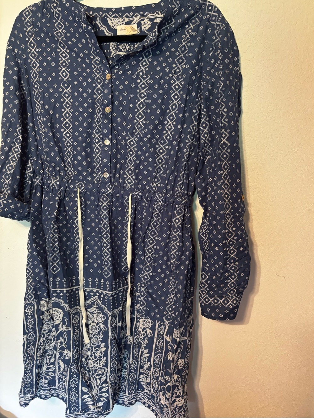 Meadow Rue Anthropologie Boho Mini Dress | US 10 | Navy Block Print Drawstring